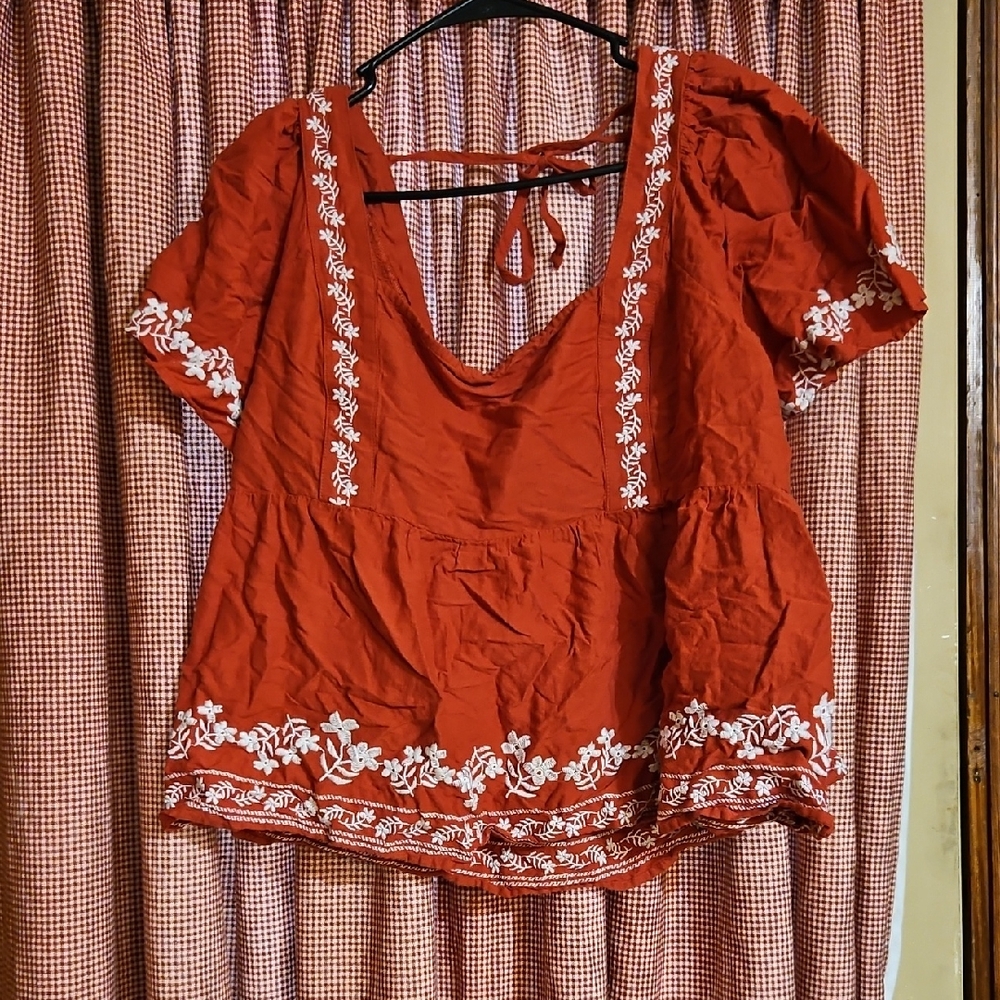 Old Navy Red Blouse with White Embroidery